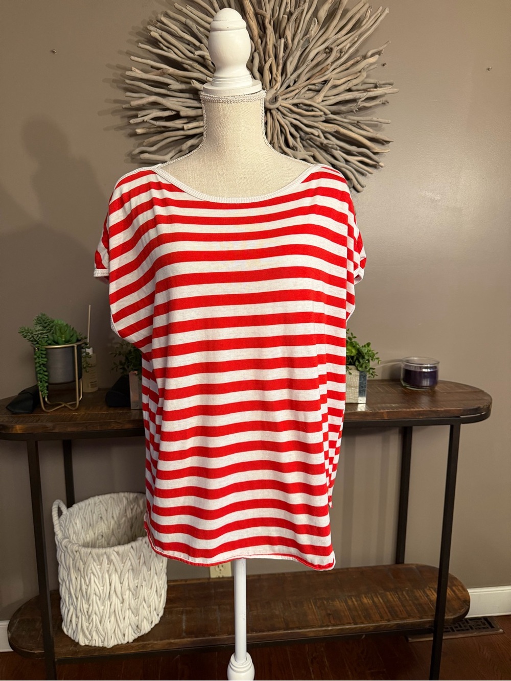 Red and White Striped Cotton Short Sleeve Boxy Tee